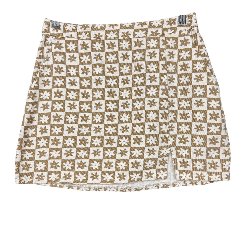 Altar'd State Mini Skirt Womens Small Ivory Taupe Floral Checkered SS7045-3 NWT